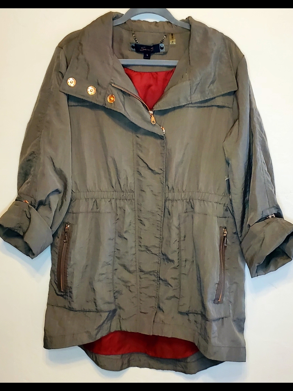 Olive Green Anorak Rain Jacket Windbreaker Hooded Women Sz L NWOT